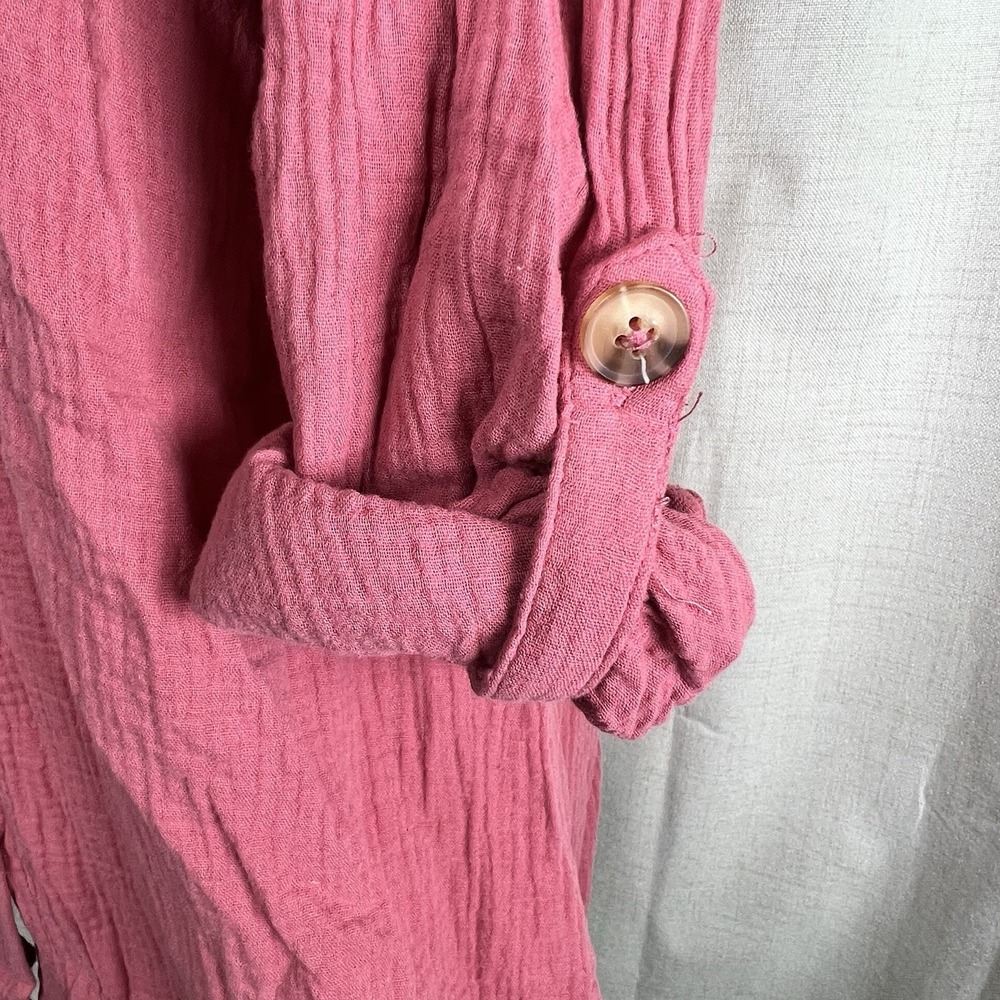 COMO VINTAGE Gauzy Roll-Tab Sleeve Button Up Tunic Top Textured Rose Pink‎ XL - Picture 8 of 11